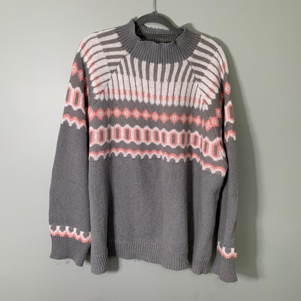 Suzanne Betro Fair Isle Pullover Sweater 3X/4X Grey Pink Geometric‎ Mock Neck